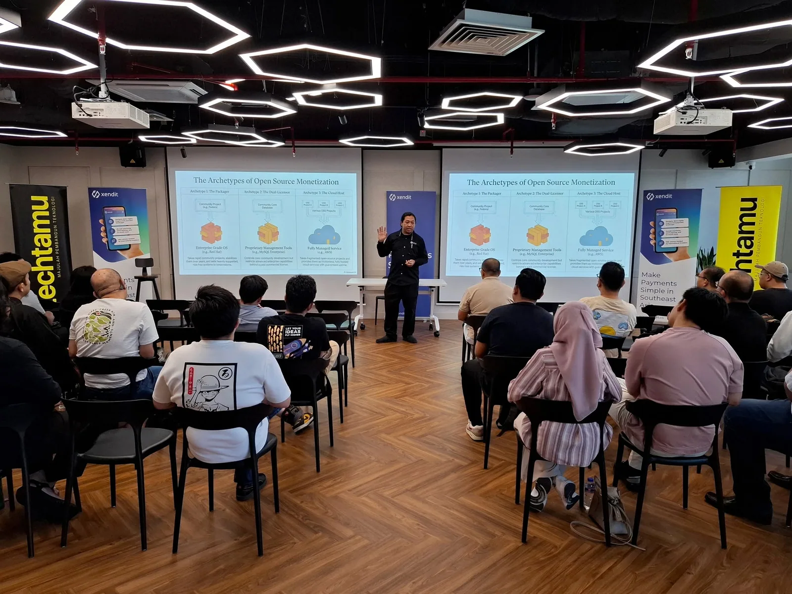 A Techtamu technology meetup with a speaker and participants